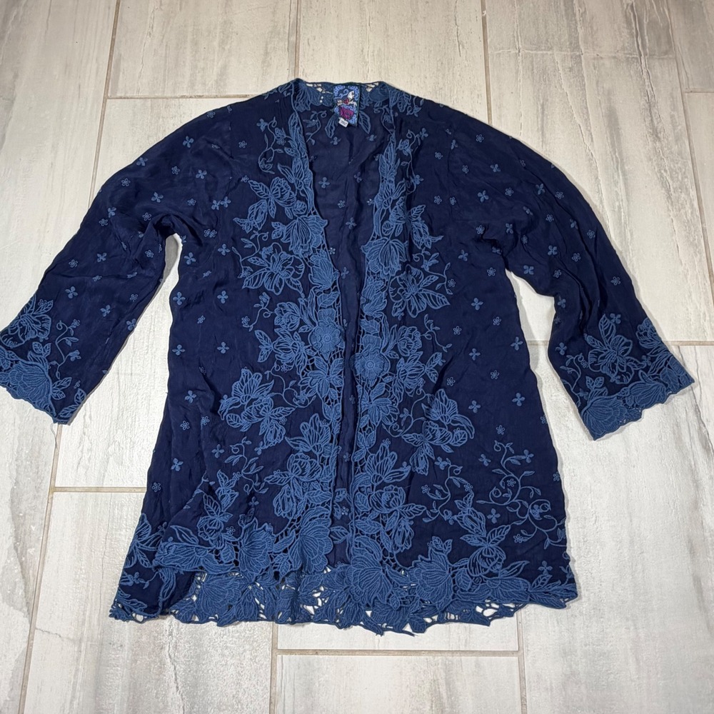 Johnny‎ Was Navy Blue Floral Embroidered Lace Trim Kimono Cardigan C45023-1 M